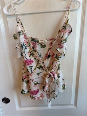 Monteau Cream Floral Wrap Cami with Pink Blossoms